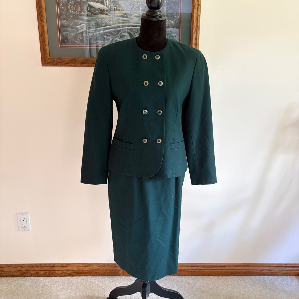 Pendleton Skirt Suit Women 8 Petite Forest Green Virgin Wool Blazer Set USA Made
